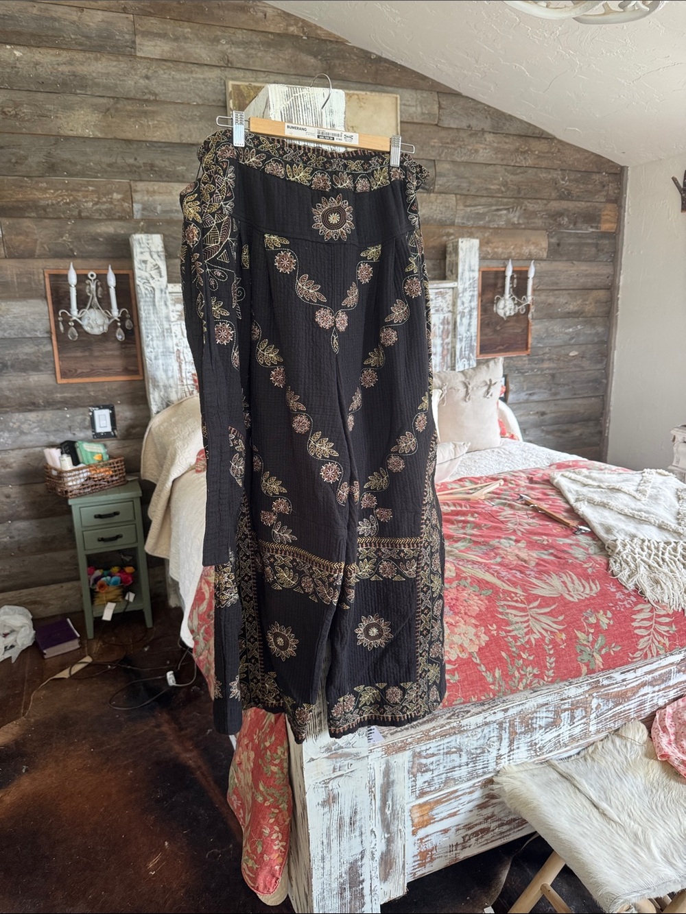 Free People Black pants with Muted Floral Embroidery